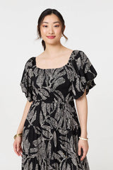 Leaf Print Puff 1/2 Sleeve Midi Dress
