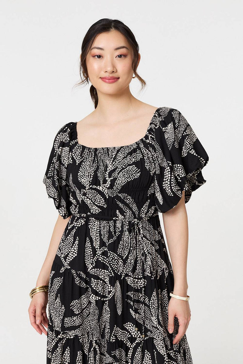 Leaf Print Puff 1/2 Sleeve Midi Dress