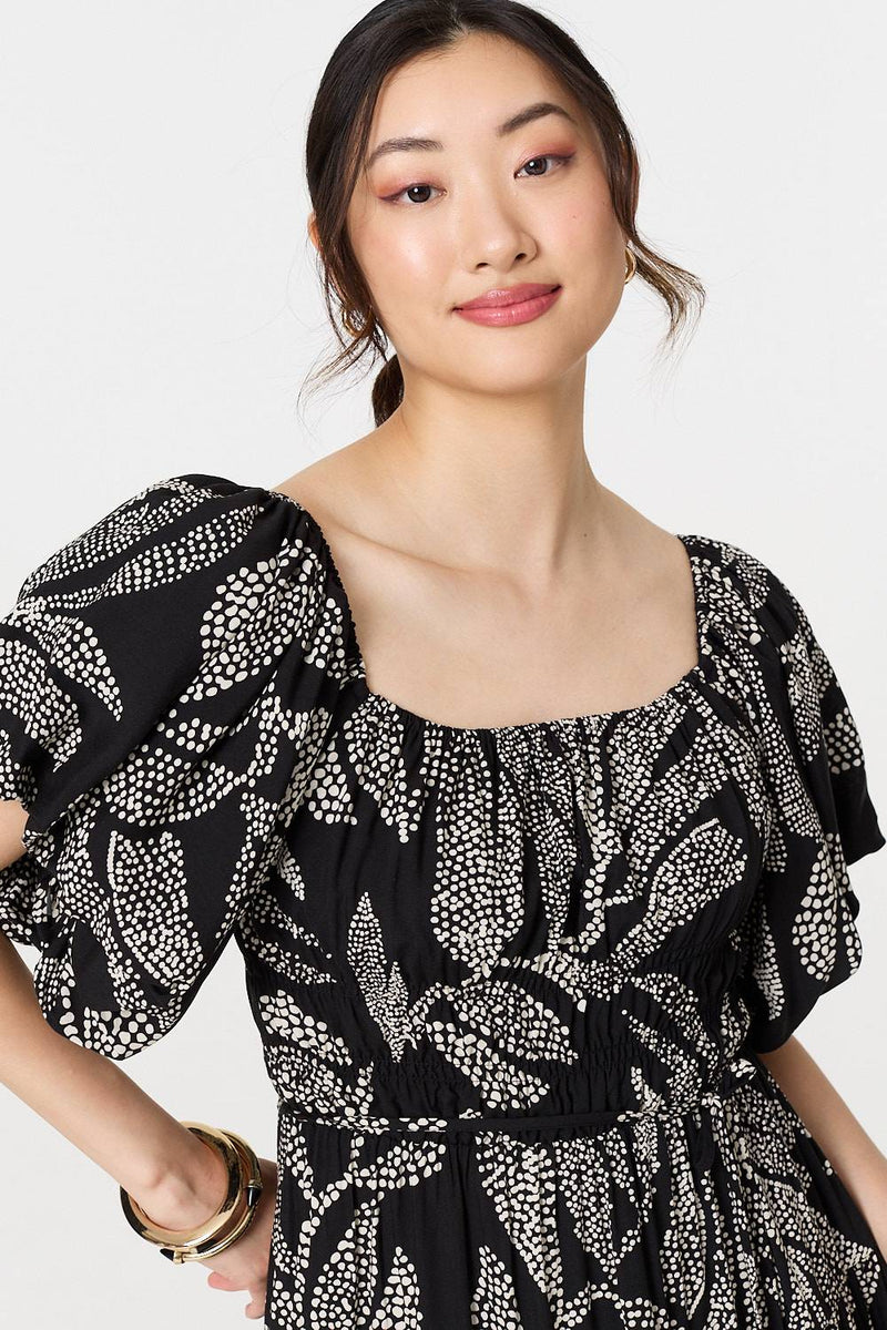 Leaf Print Puff 1/2 Sleeve Midi Dress