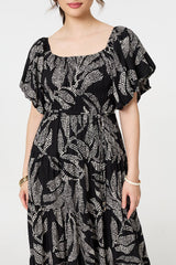Leaf Print Puff 1/2 Sleeve Midi Dress