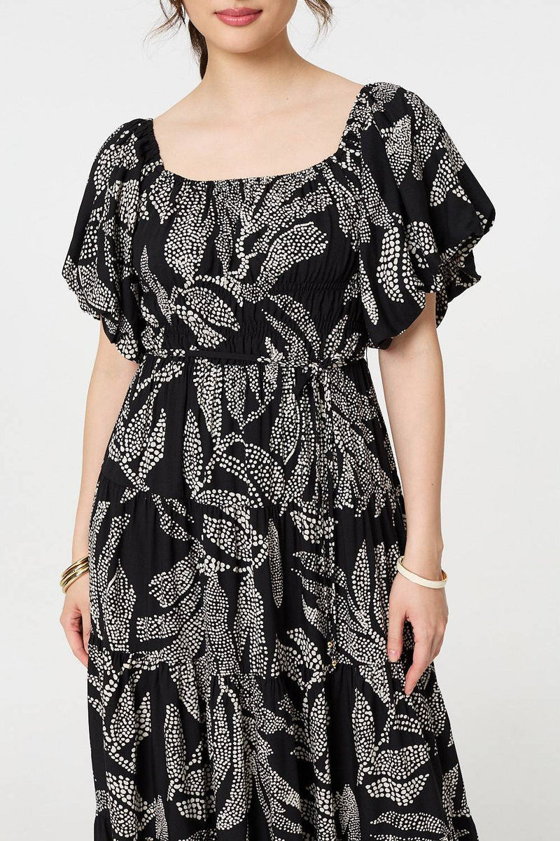 Leaf Print Puff 1/2 Sleeve Midi Dress