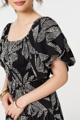 Leaf Print Puff 1/2 Sleeve Midi Dress