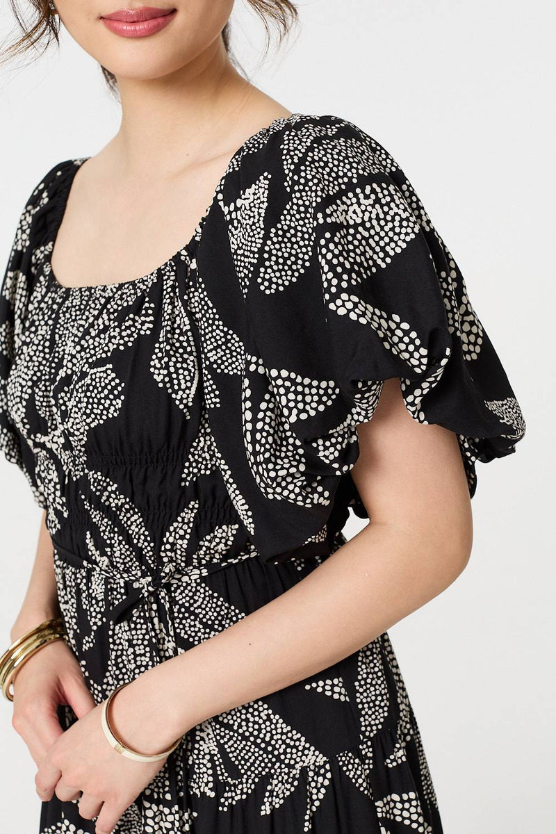 Leaf Print Puff 1/2 Sleeve Midi Dress