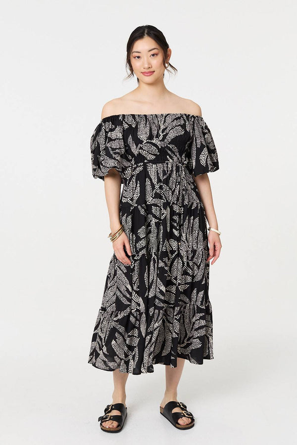 Leaf Print Puff 1/2 Sleeve Midi Dress