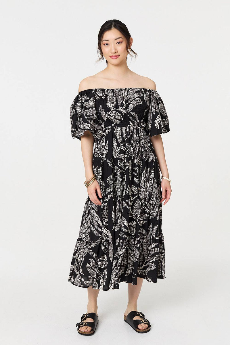 Leaf Print Puff 1/2 Sleeve Midi Dress
