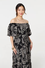 Leaf Print Puff 1/2 Sleeve Midi Dress