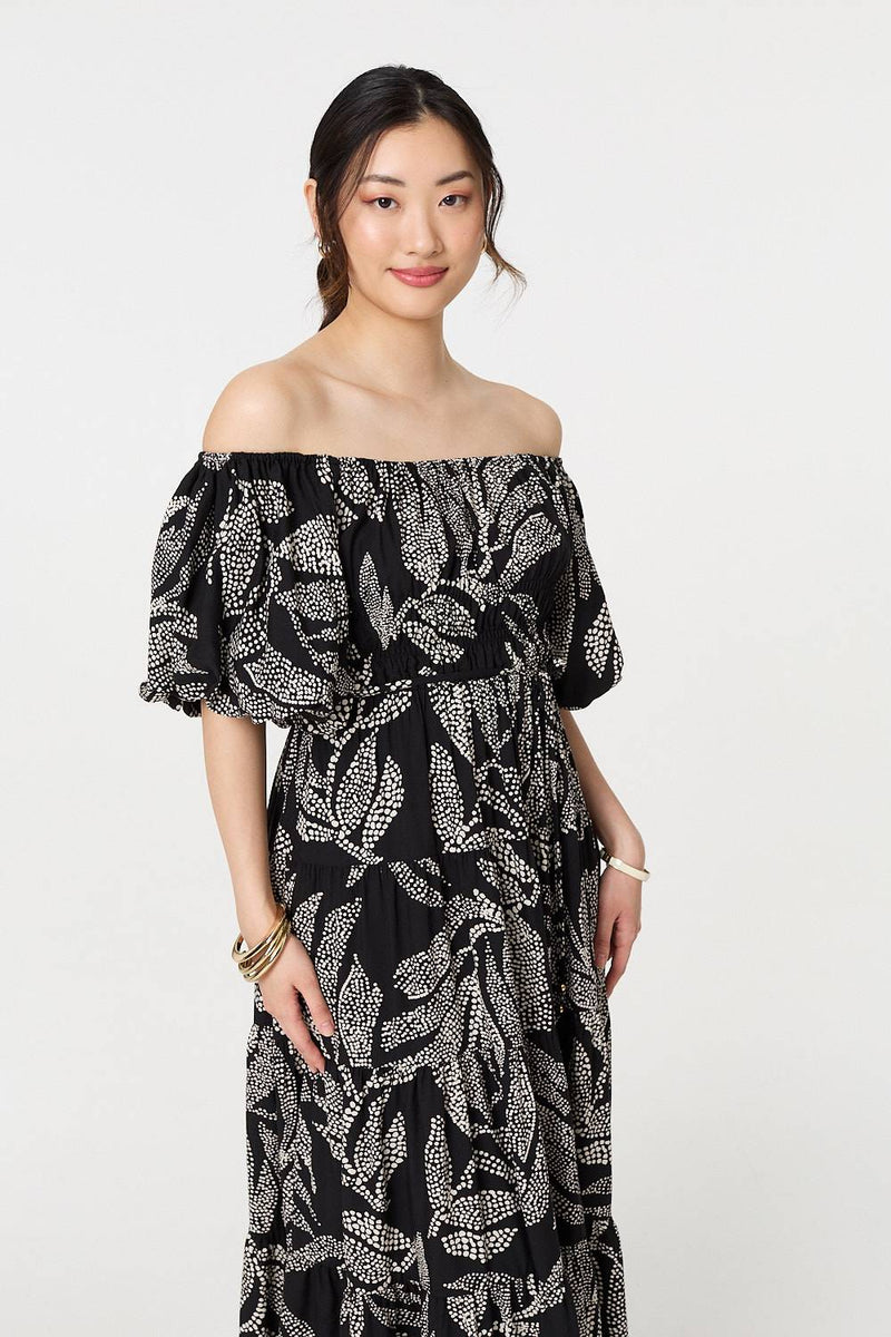 Leaf Print Puff 1/2 Sleeve Midi Dress
