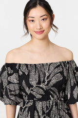 Leaf Print Puff 1/2 Sleeve Midi Dress