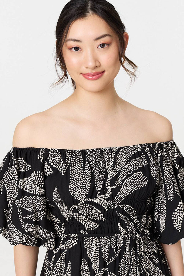 Leaf Print Puff 1/2 Sleeve Midi Dress