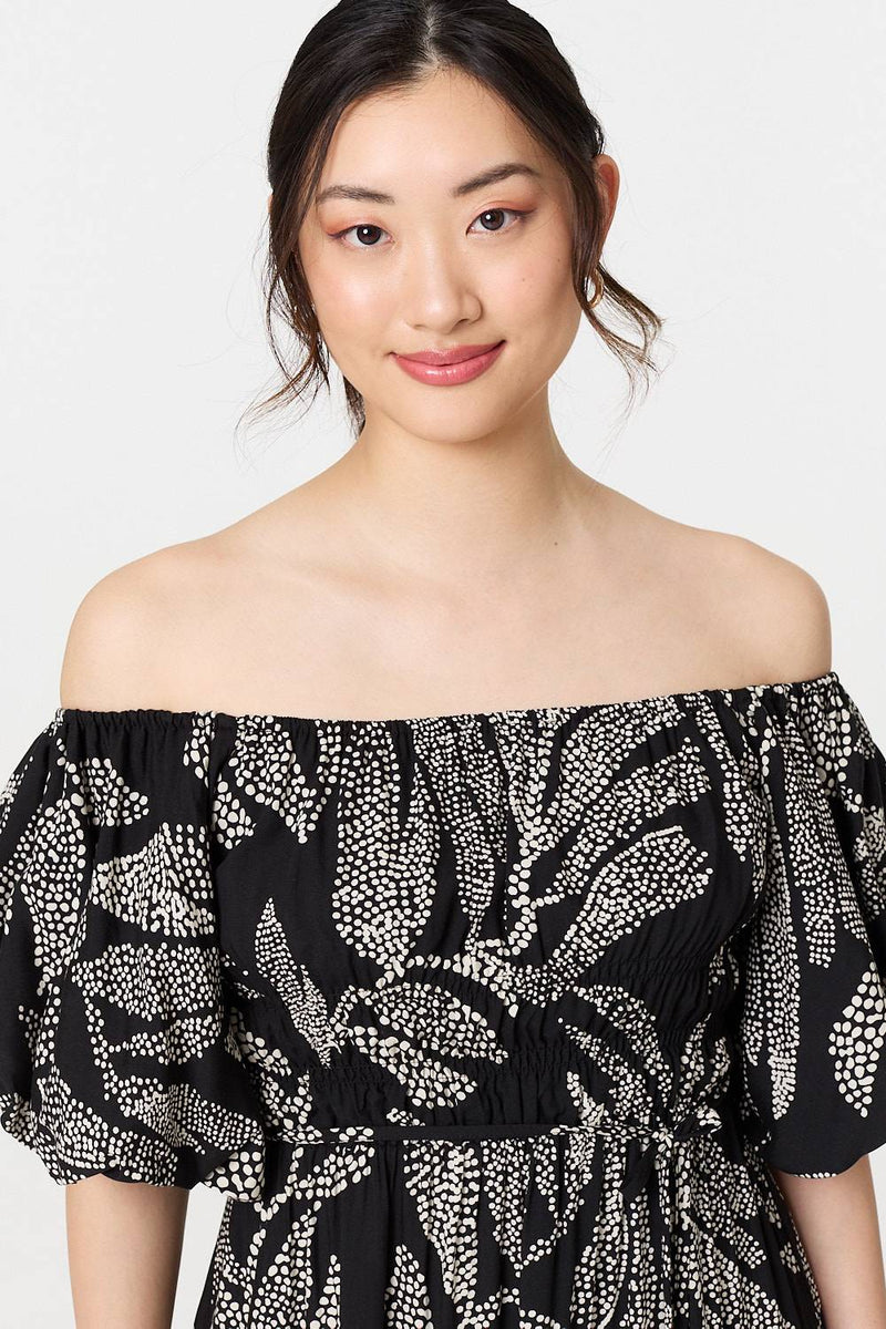 Leaf Print Puff 1/2 Sleeve Midi Dress