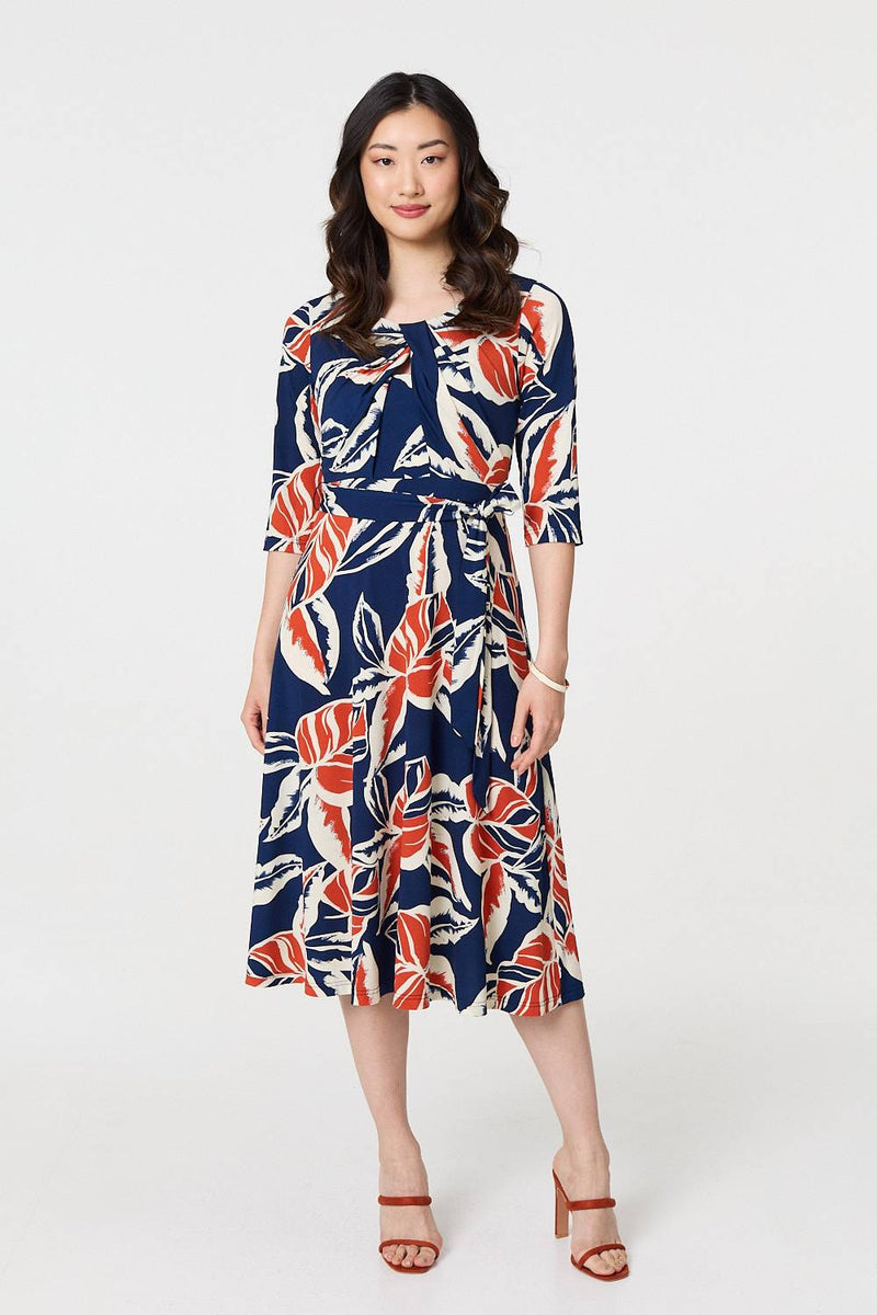 Floral Ruched 3/4 Sleeve Midi Dress