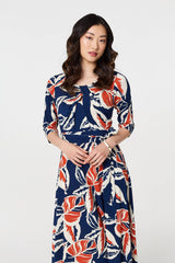 Floral Ruched 3/4 Sleeve Midi Dress