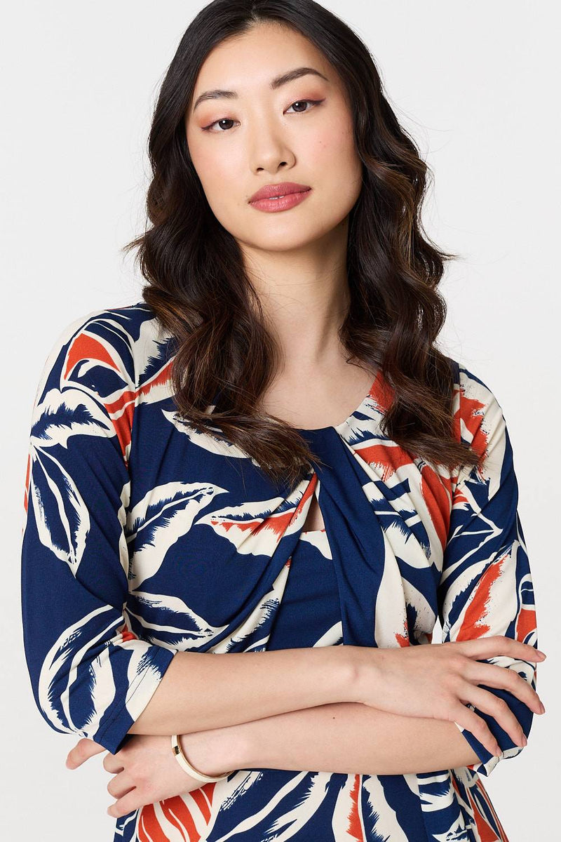 Floral Ruched 3/4 Sleeve Midi Dress