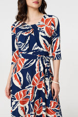 Floral Ruched 3/4 Sleeve Midi Dress