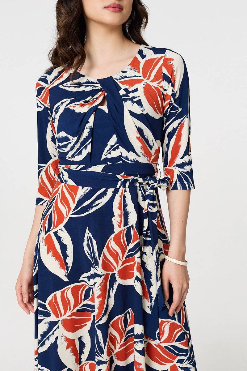 Floral Ruched 3/4 Sleeve Midi Dress