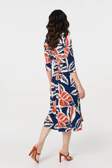 Floral Ruched 3/4 Sleeve Midi Dress