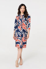 Floral Ruched 3/4 Sleeve Midi Dress