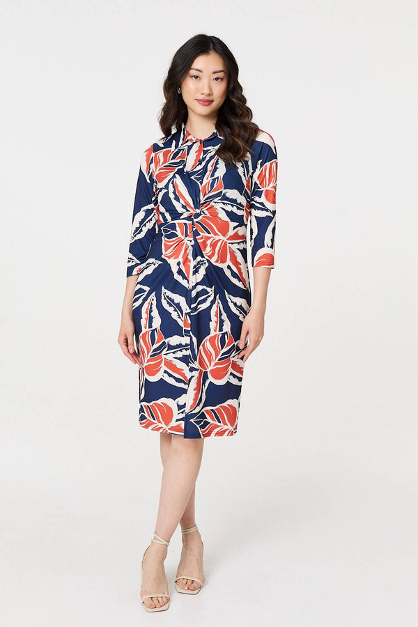 Floral Ruched 3/4 Sleeve Midi Dress