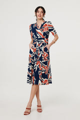 Floral V-Neck Pleated Midi Wrap Dress