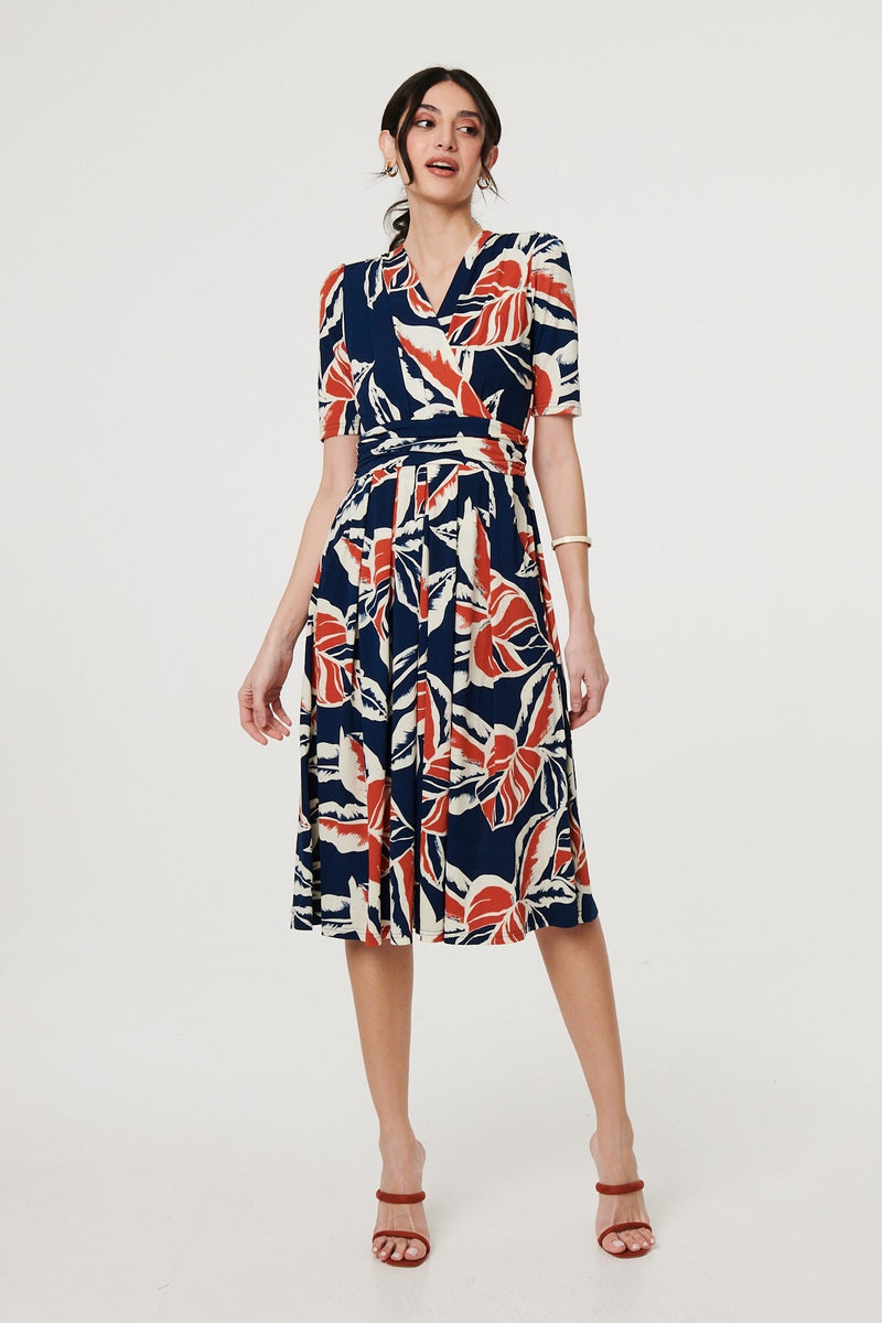 Floral V-Neck Pleated Midi Wrap Dress
