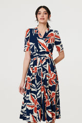 Floral V-Neck Pleated Midi Wrap Dress