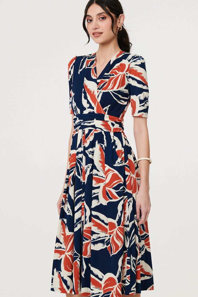 Floral V-Neck Pleated Midi Wrap Dress