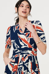 Floral V-Neck Pleated Midi Wrap Dress