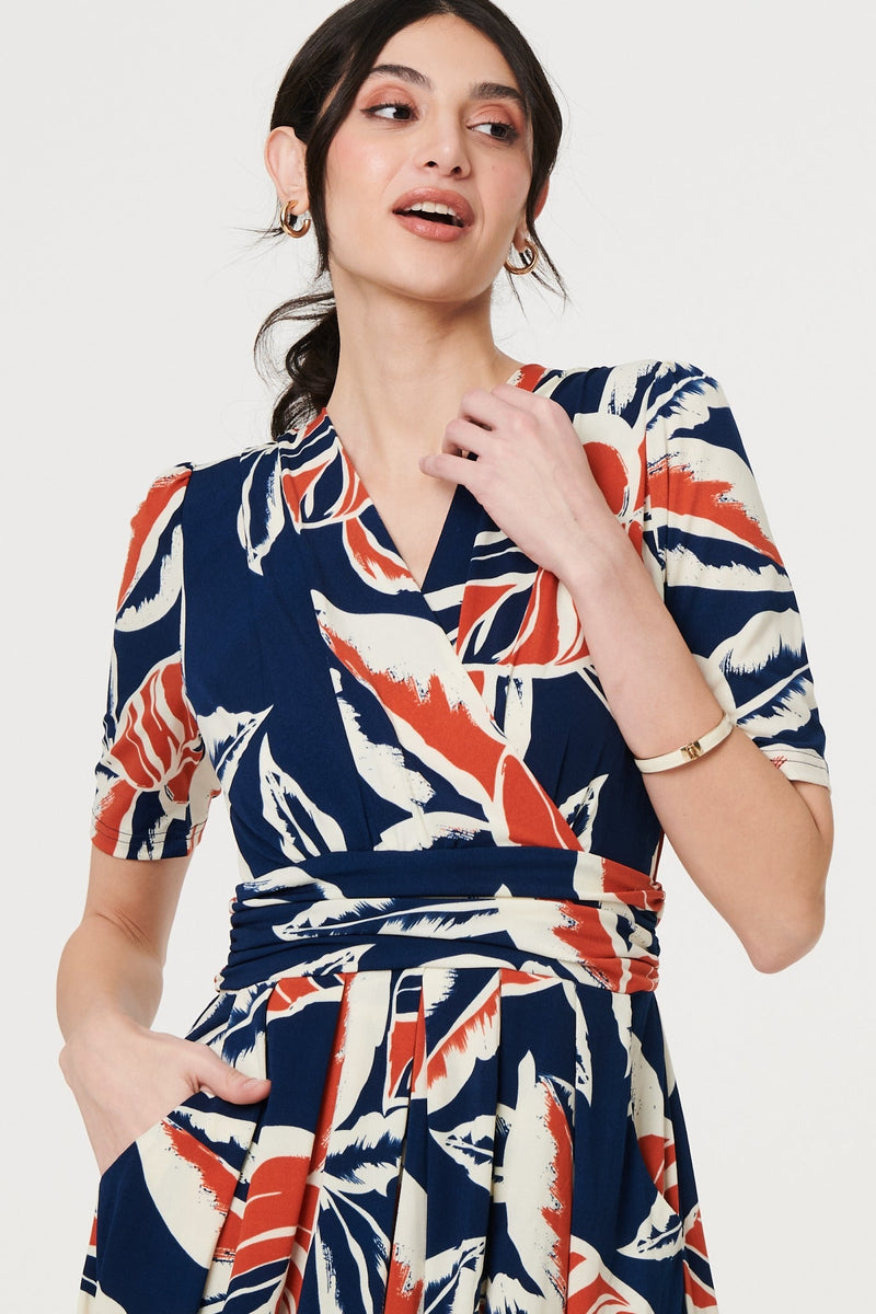 Floral V-Neck Pleated Midi Wrap Dress