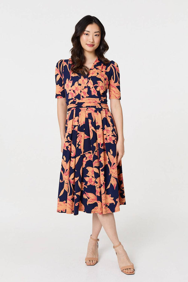 Floral 1/2 Sleeve Faux Wrap Midi Dress