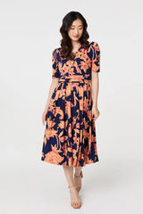 Floral 1/2 Sleeve Faux Wrap Midi Dress