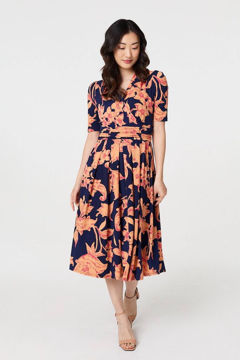 Floral 1/2 Sleeve Faux Wrap Midi Dress