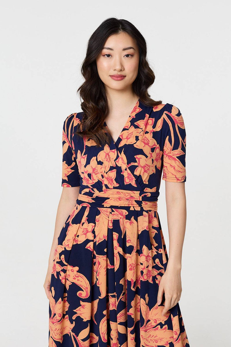 Floral 1/2 Sleeve Faux Wrap Midi Dress