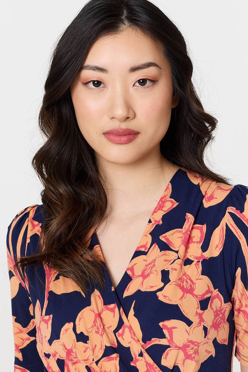 Floral 1/2 Sleeve Faux Wrap Midi Dress