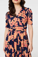 Floral 1/2 Sleeve Faux Wrap Midi Dress