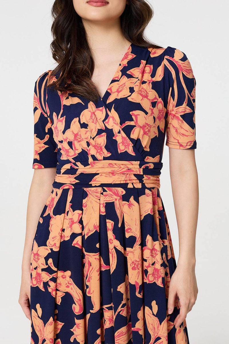 Floral 1/2 Sleeve Faux Wrap Midi Dress