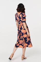 Floral 1/2 Sleeve Faux Wrap Midi Dress