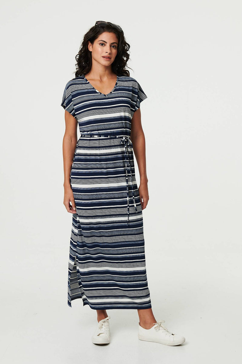 Striped Cap Sleeve Tie Waist Maxi Dress