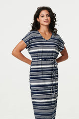 Striped Cap Sleeve Tie Waist Maxi Dress