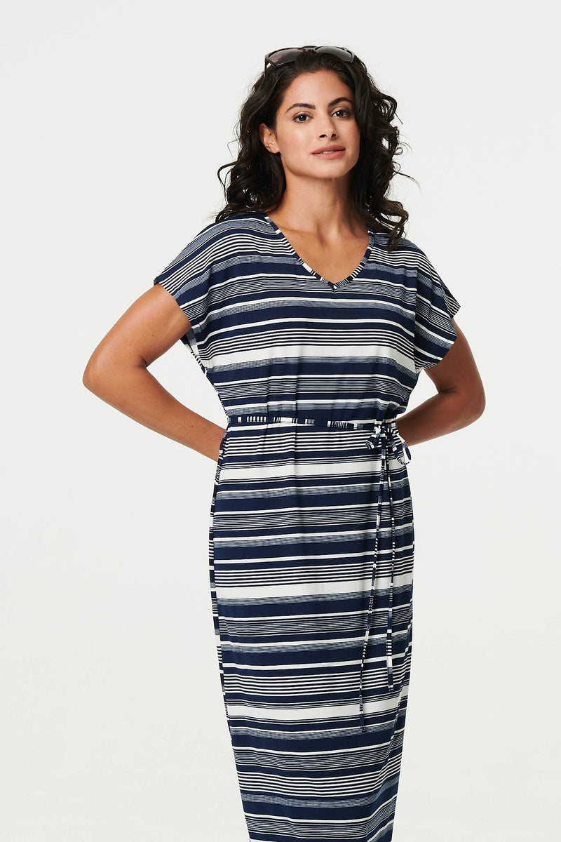 Striped Cap Sleeve Tie Waist Maxi Dress
