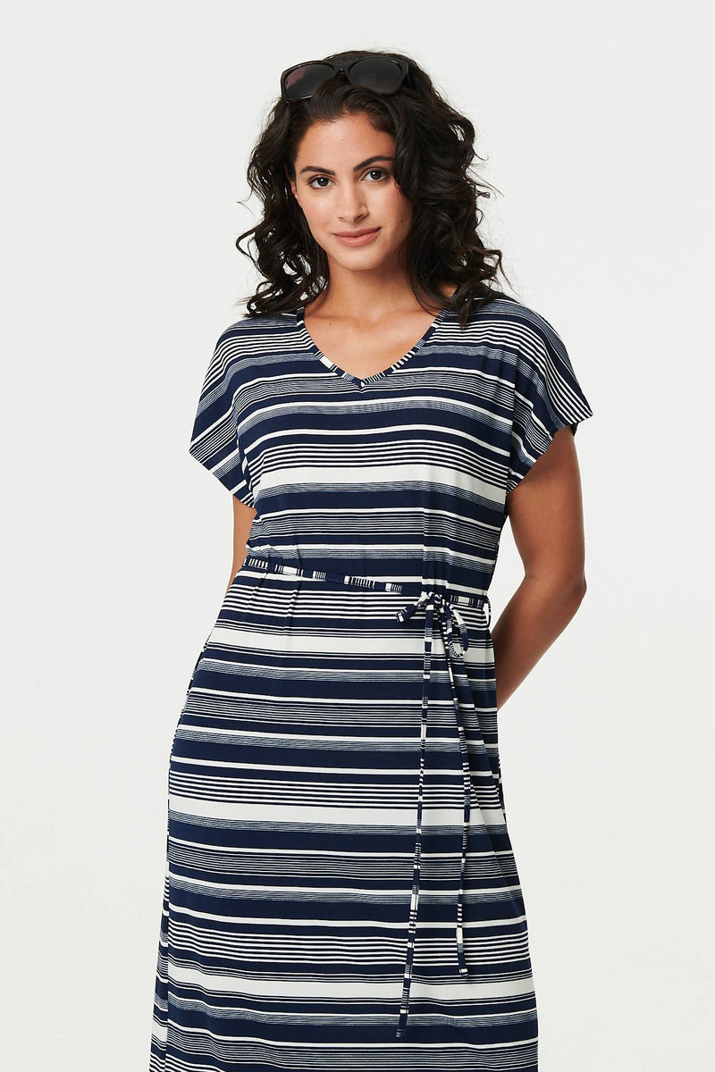 Striped Cap Sleeve Tie Waist Maxi Dress