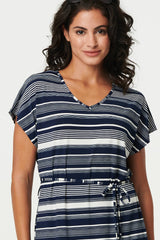 Striped Cap Sleeve Tie Waist Maxi Dress