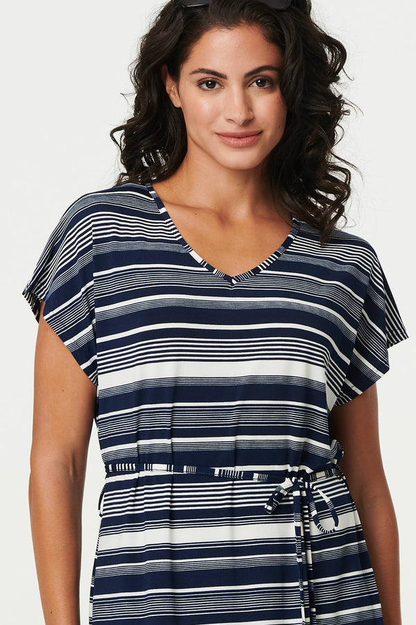 Striped Cap Sleeve Tie Waist Maxi Dress