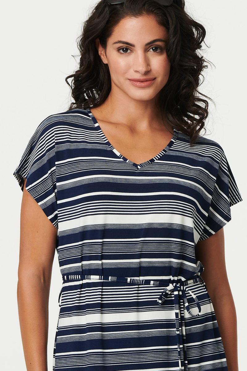 Striped Cap Sleeve Tie Waist Maxi Dress