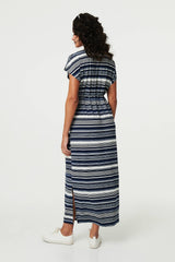 Striped Cap Sleeve Tie Waist Maxi Dress