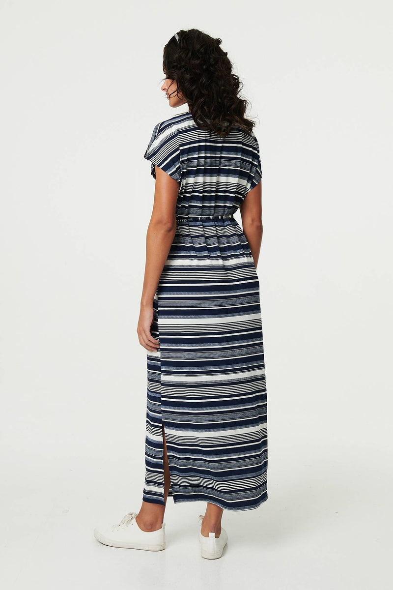 Striped Cap Sleeve Tie Waist Maxi Dress