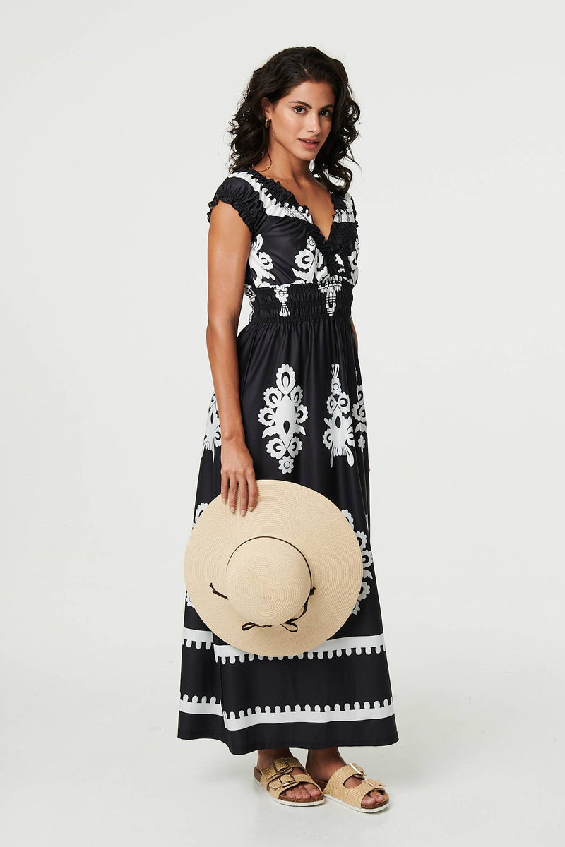 Ikat Print Ruched Cap Sleeve Maxi Dress