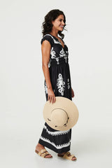 Ikat Print Ruched Cap Sleeve Maxi Dress