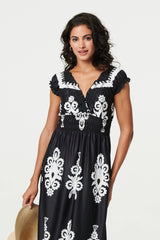 Ikat Print Ruched Cap Sleeve Maxi Dress