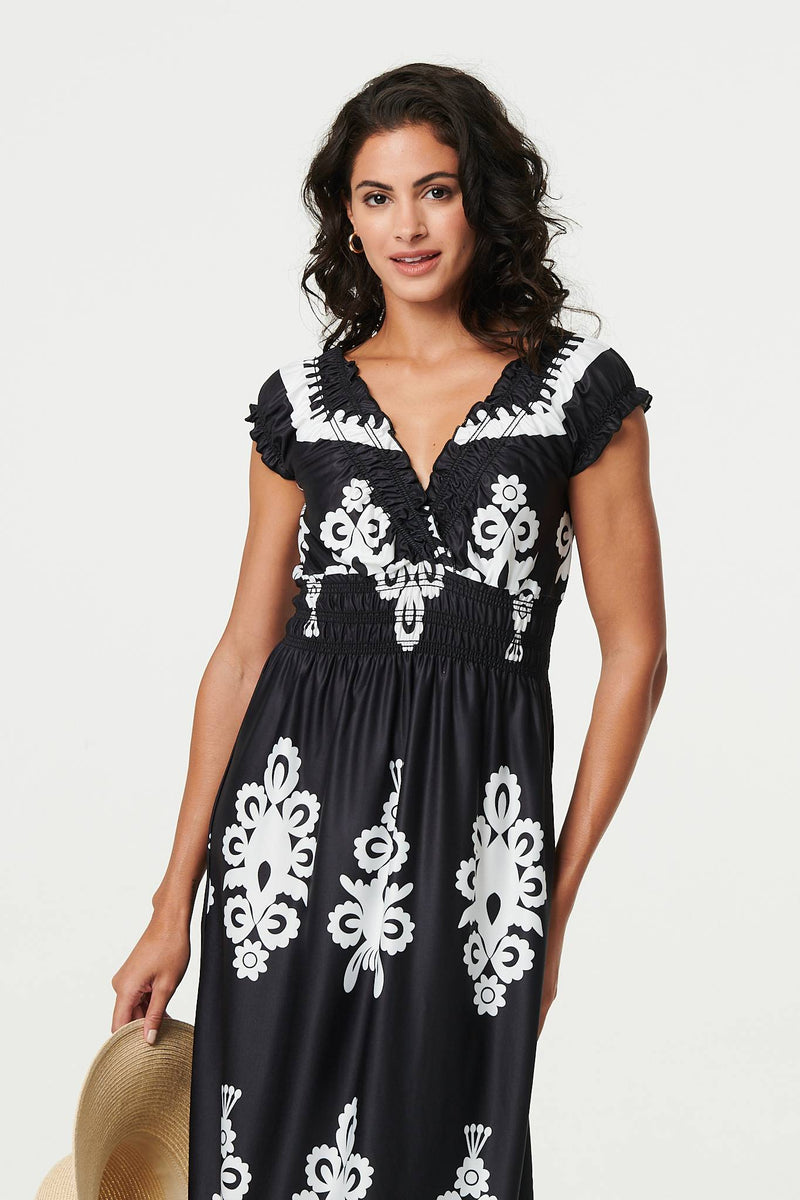 Ikat Print Ruched Cap Sleeve Maxi Dress