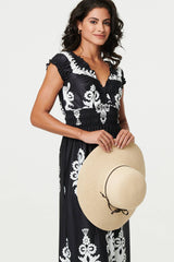 Ikat Print Ruched Cap Sleeve Maxi Dress